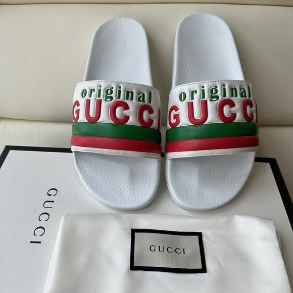 NEW GUCCI SLIDES WHITE LEATHER “ORIGINAL GUCCI” RED GREEN LOGO SZ G8 630606 - Picture 3 of 8